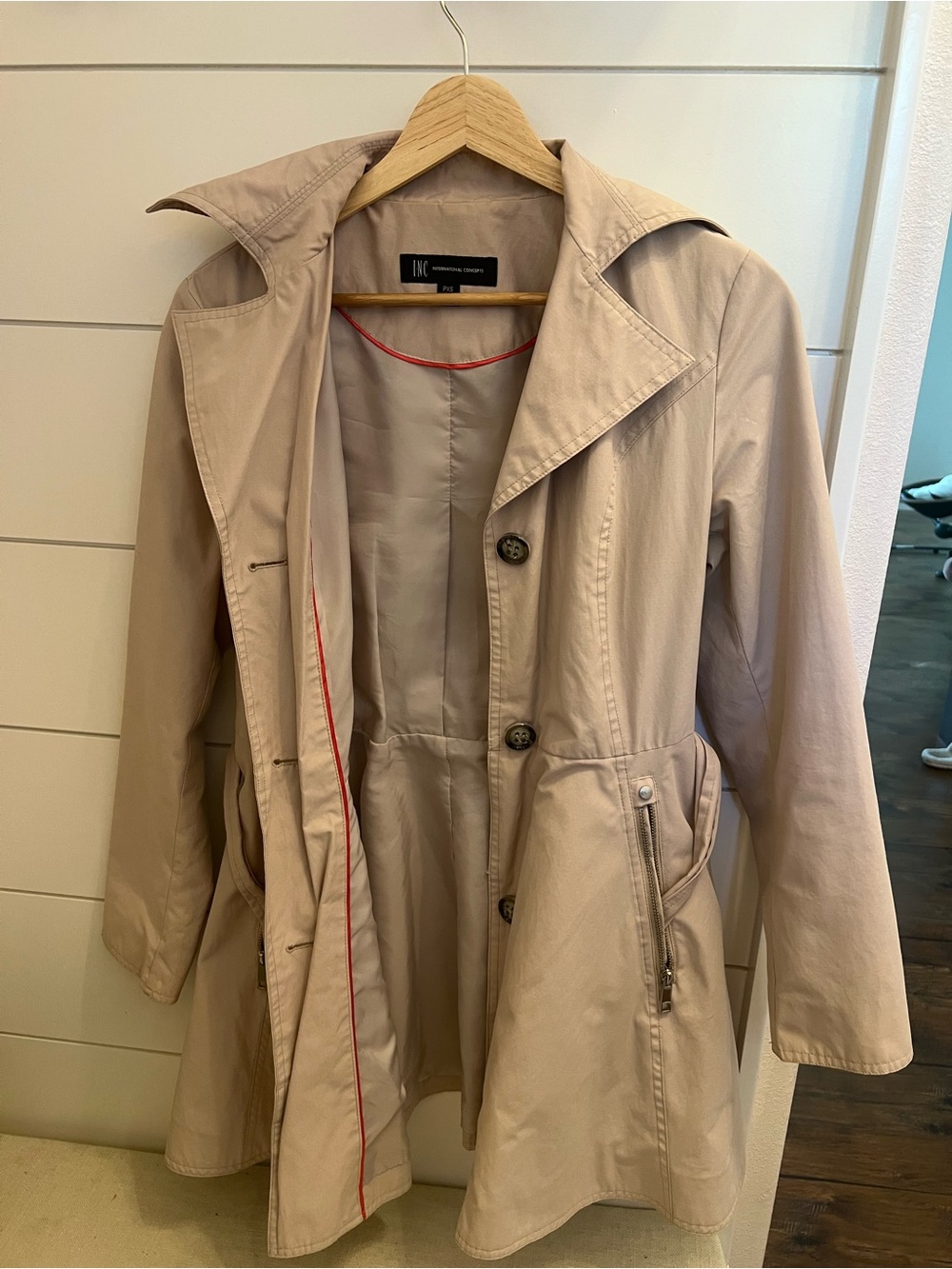 INC International Concepts Light Beige Trench Coat with Red Piping